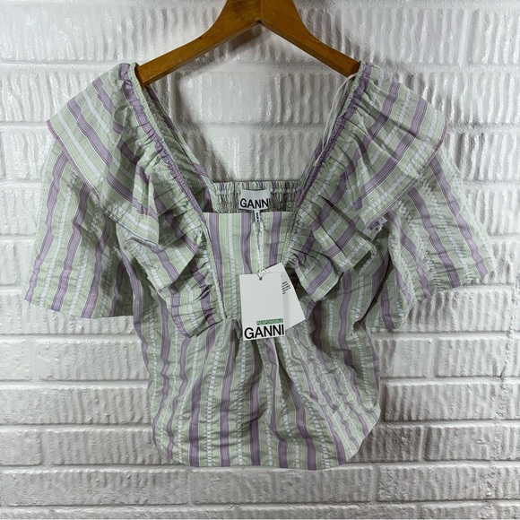 Ganni Ruffled Striped Recycled Seersucker Top NWT - Picture 3 of 7